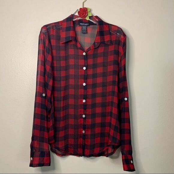 ABOUT A GIRL Los Angeles Women Plaid Checker Red-Black Prints Mesh Butto… - Picture 3 of 8